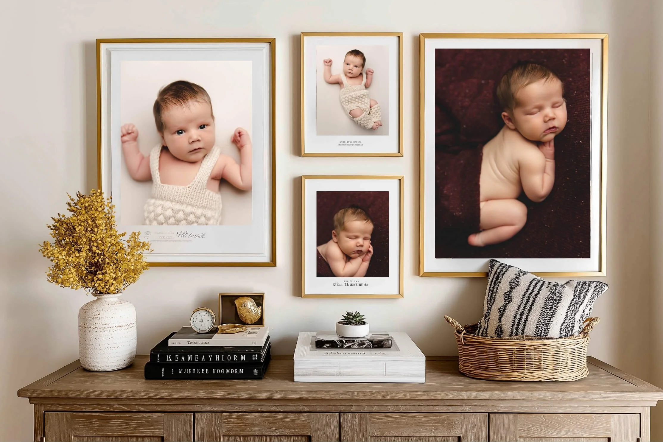 Newborn photography wall art and framed print display showcasing professional studio portraits