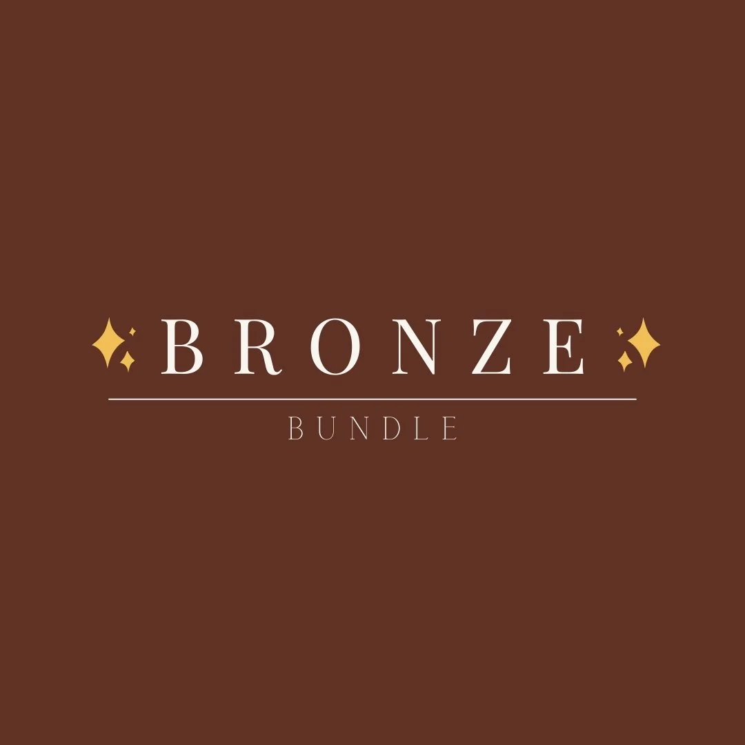Image shows a brown background with white text that says 'BRONZE BUNDLE' and small sparkles on either side.