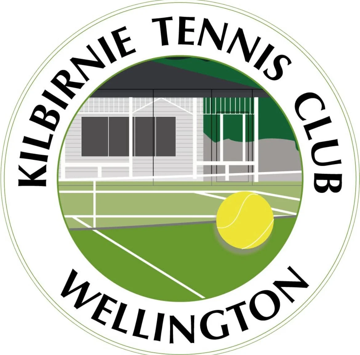Logo of the Kilbirnie Tennis Club featuring a tennis court, a yellow tennis ball, and a house with trees in the background.
