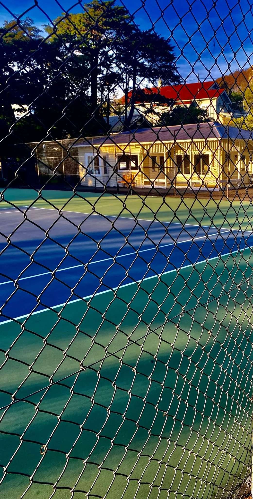 A tennis court with a chain-link fence in the foreground. The court is outdoors, illuminated by natural sunlight, with trees and houses visible in the background.