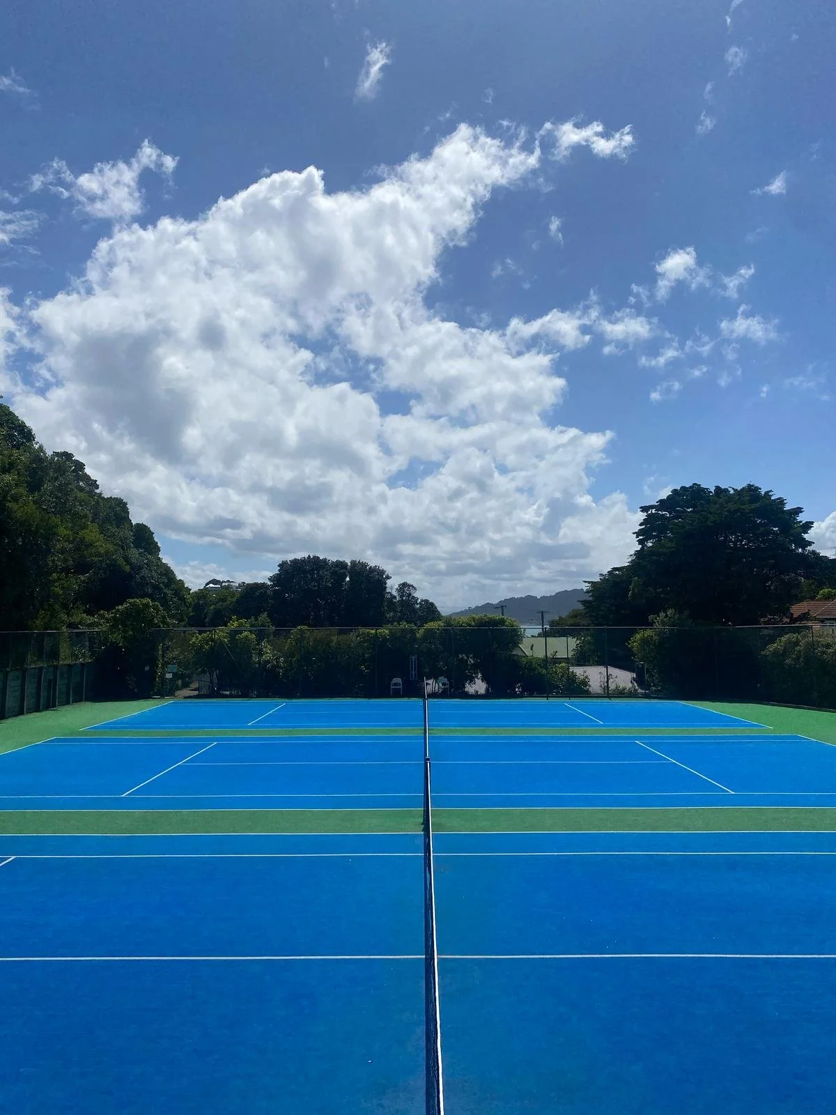 A blue tennis court with white lines, surrounded by a fence, under a partly cloudy sky with trees and hills in the background.