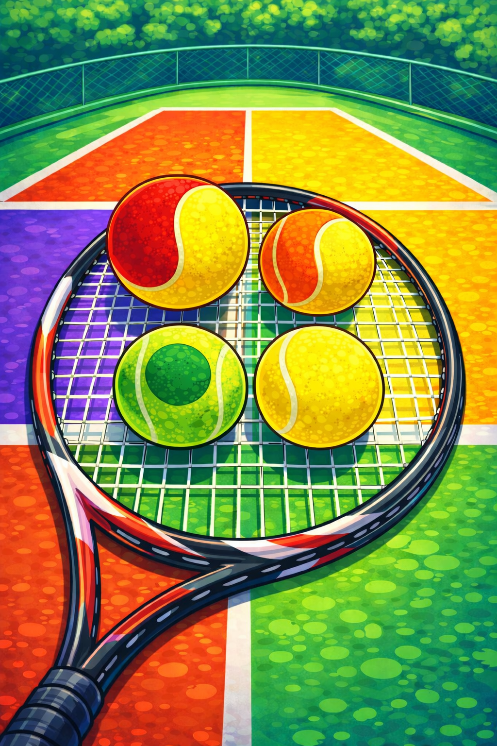 Colorful illustration of a tennis racket and four tennis balls on a multicolored tennis court.