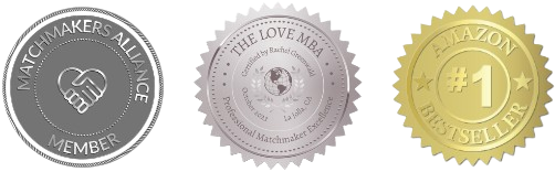 Three circular badges: the first silver with a handshake and 'Matchmakers Alliance Member,' the second silver with a globe and 'The Love MBA,' and the third gold with 'Amazon #1 Bestseller.'