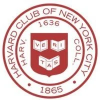 Harvard Club of New York City logo featuring a shield with a book, a chevron, and the years 1636 and 1865.