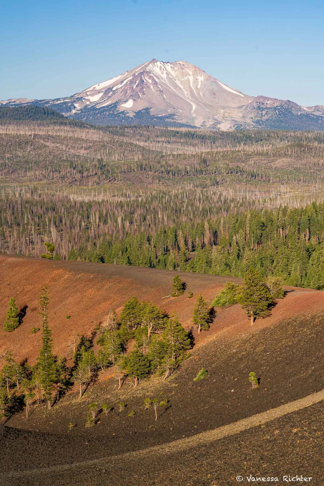 Lassen Peak seen from the rim of Cinder Cone, its pale gray summit dotted with patches of late-season snow.