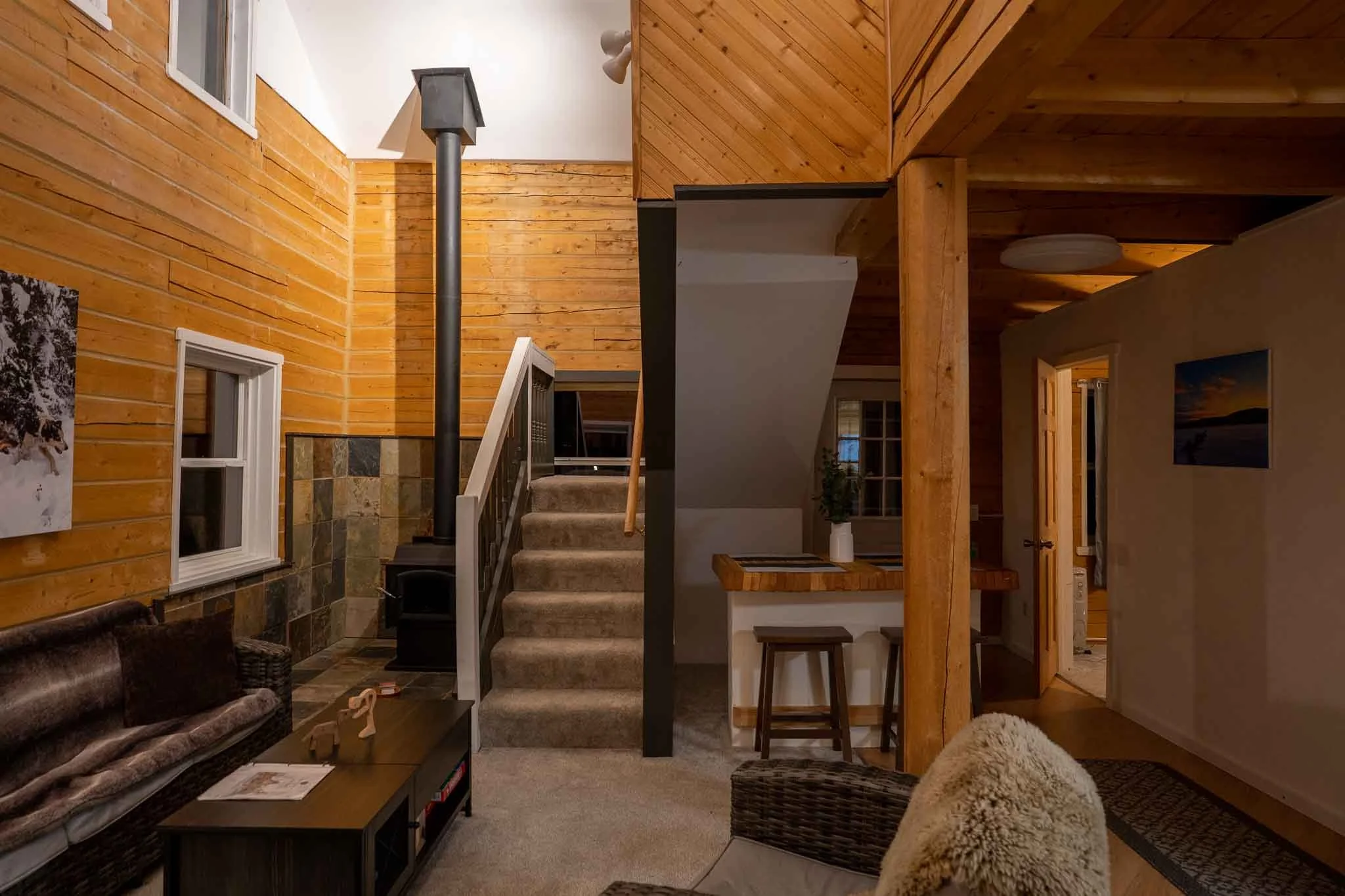  Inside a cozy log cabin. 
