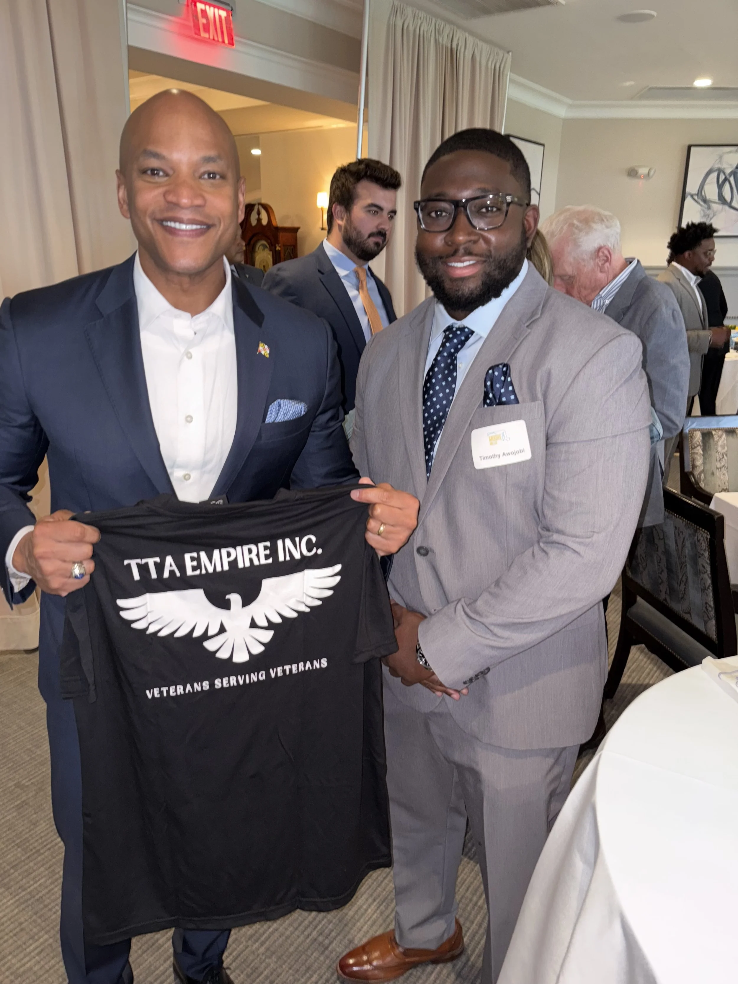 Governor Wes Moore (Maryland)
Representing TTA Empire Inc., Founder & CEO Timothy Awojobi meets with Governor Wes Moore (Maryland) to strengthen partnerships and advance initiatives supporting veterans and military-connected communities.