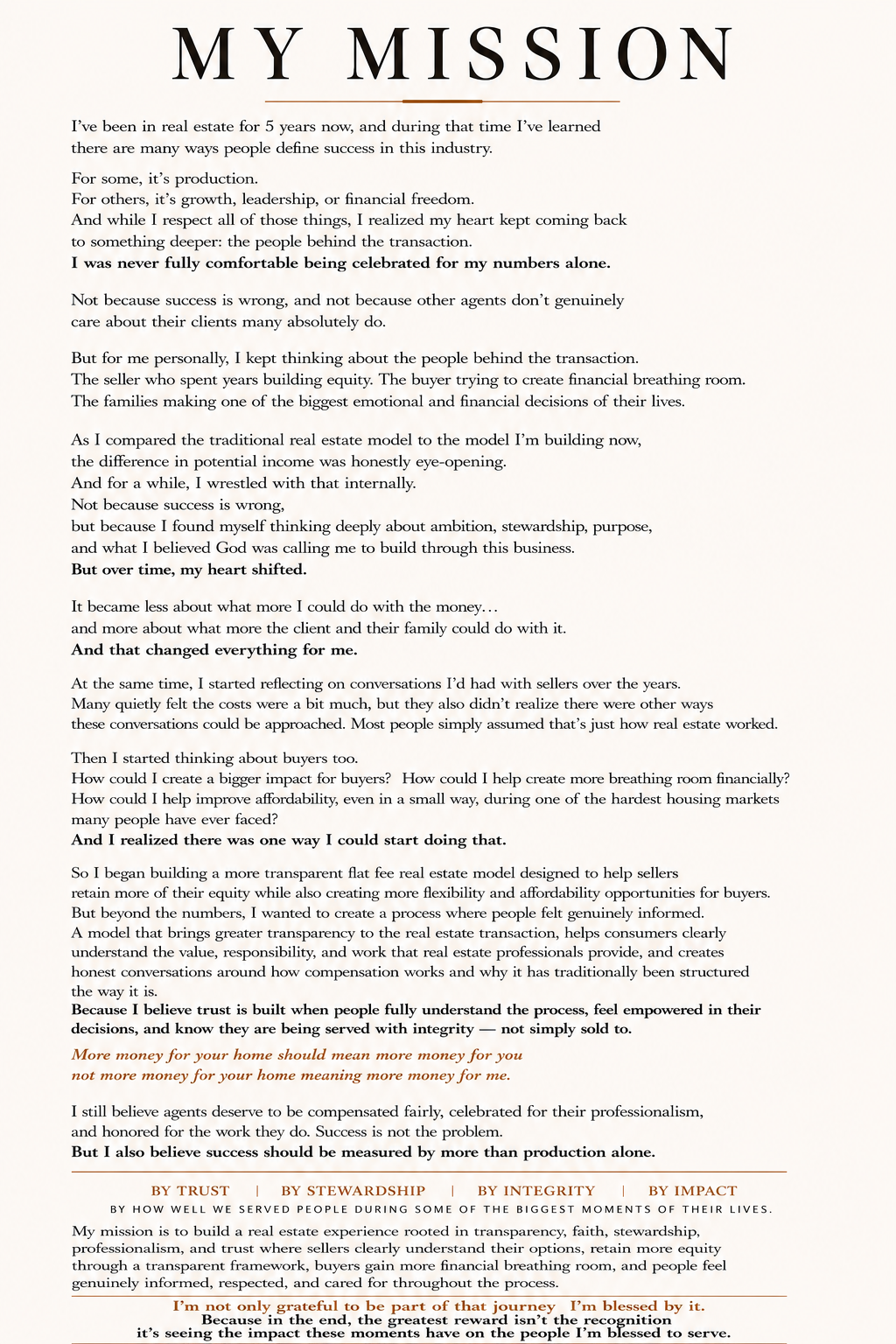 A page titled "My Mission" with paragraphs discussing real estate, focusing on trust, integrity, overall purpose, and a personal journey toward ethical business practices.
