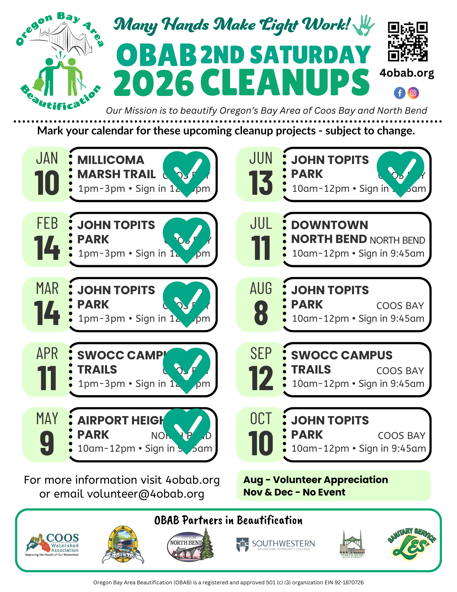 2026 OBAB 2nd Saturday Cleanup Schedule