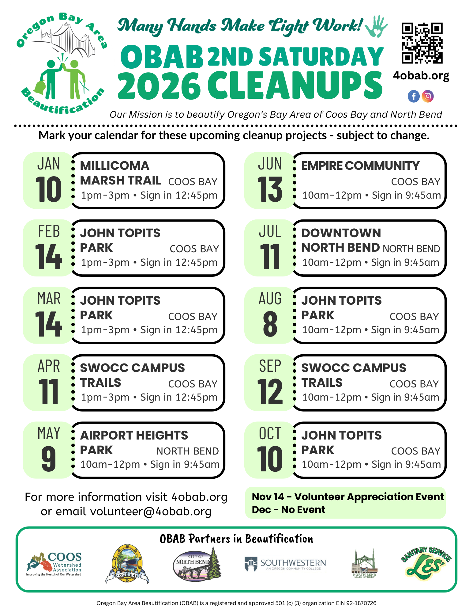 2026 OBAB Cleanup Schedule, Oregon Bay Area Beautification Coos Bay Oregon North Bend Oregon