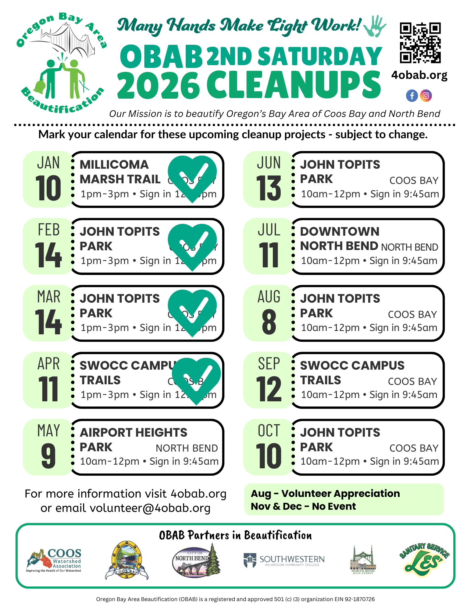 Oregon Bay Area Beautification announces spring and summer cleanup events from January to October, including dates, locations, times, and sign-in information, with logos of various partner organizations at the bottom.