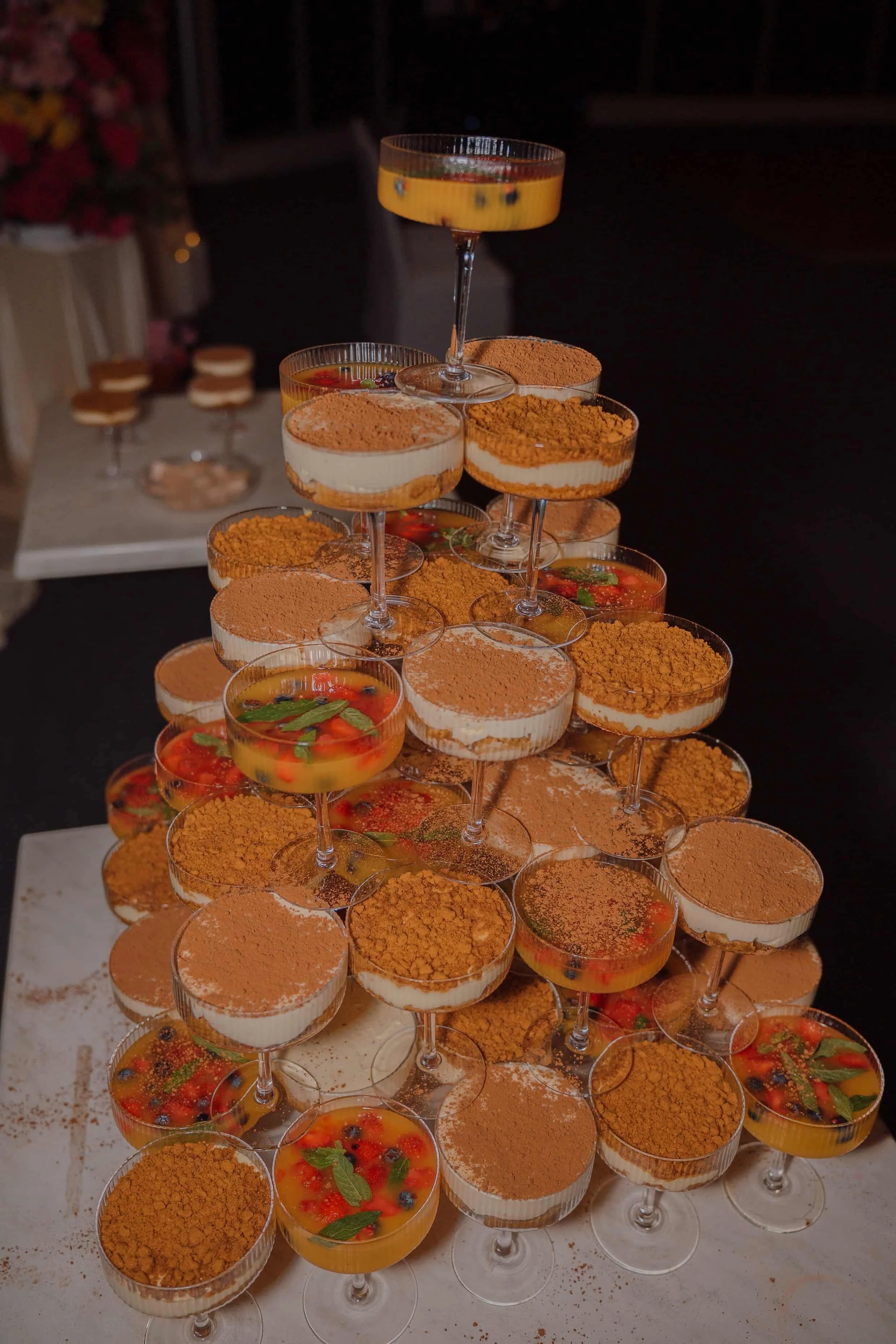 Tiramisu Tower dessert centrepiece with different flavours, Italian Perthy Perth catering