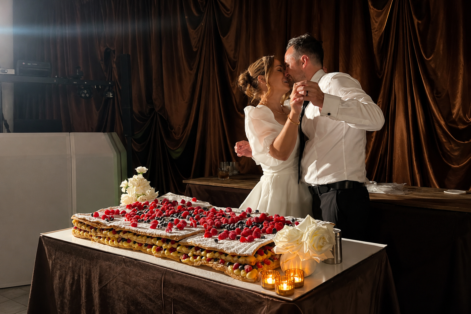 Bride and groom beside XL Millefoglie dessert table with fresh berries at Perth wedding