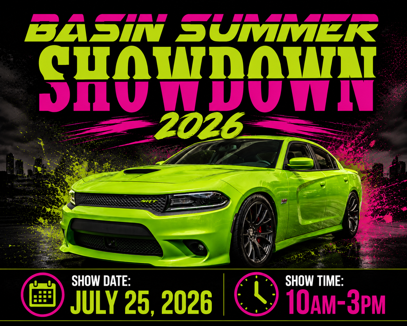 Bright green Dodge Charger SRT car parked in front of a neon-themed background with event details for the 2026 Bassin Summer Showdown, scheduled for July 25, 2026, from 10 AM to 3 PM.