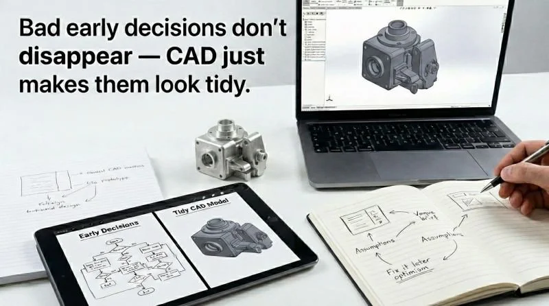 Bad early decisions don’t disappear — CAD just makes them look tidy.