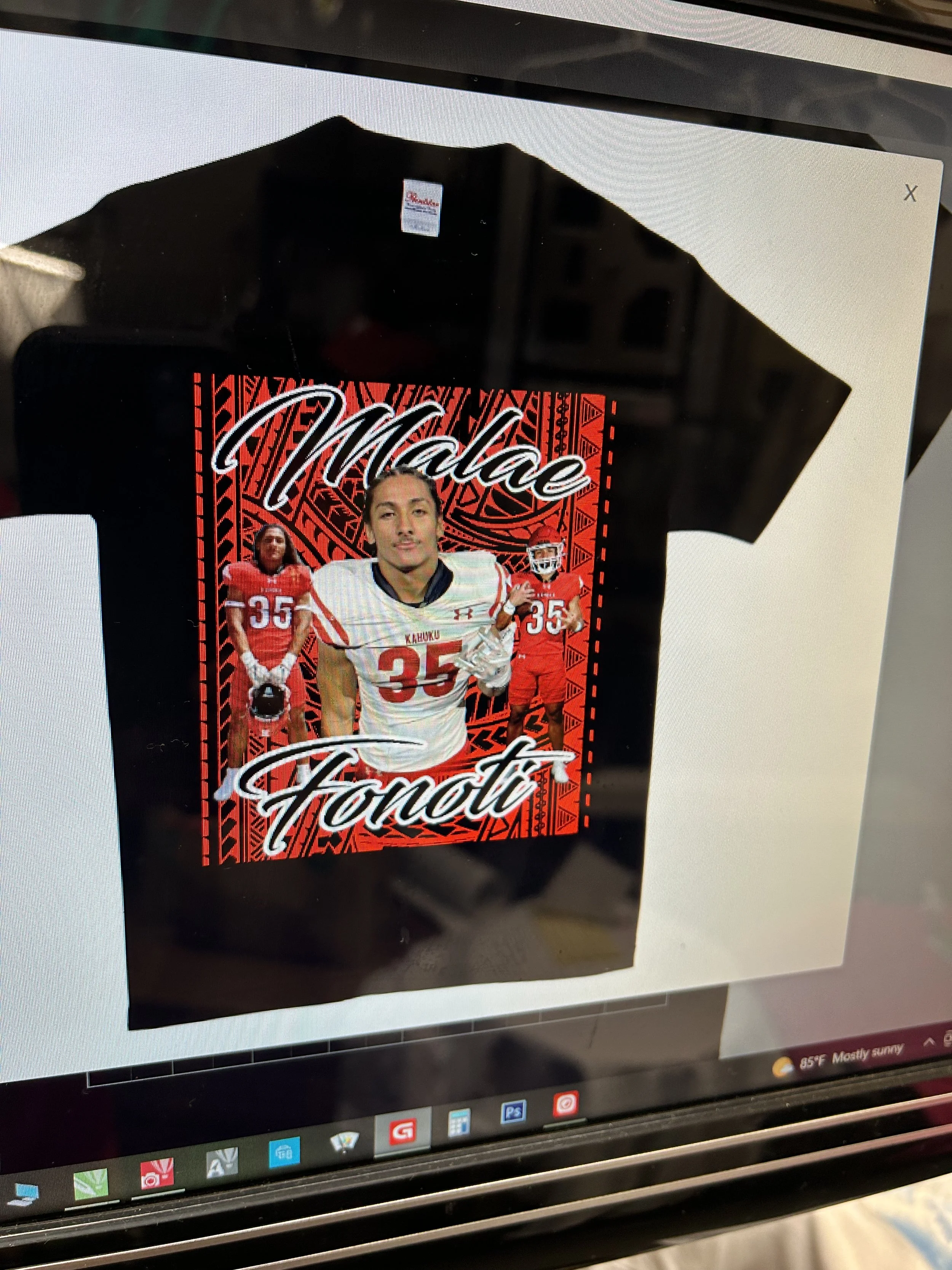 Design featuring two football players in red and white uniforms with the words 'Mahalo Honu' in white cursive on a red background with tribal patterns.
