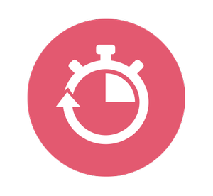Pink circular icon with a white stopwatch symbol showing a quarter past the hour.