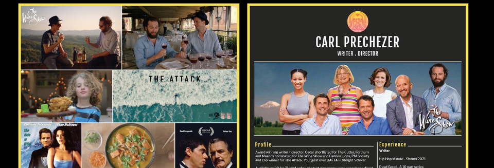 A collage of scenes from a film or TV show, including characters in casual settings, a young girl with curly hair, a beach scene, and a group photo of actors with the title "The Wine Show" and the credits of Carl Prechezer, a writer and director.