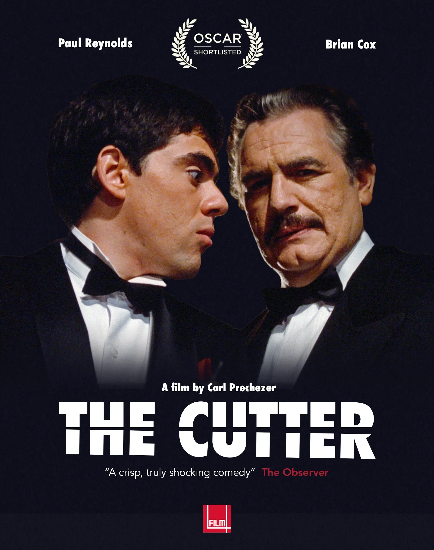 Poster for the film "The Cutter" featuring close-up images of two men dressed in tuxedos, one younger with dark hair and the other older with gray hair, against a black background with text indicating the film is shortlisted for an Oscar.