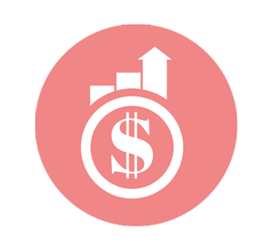 Icon of a dollar sign inside a circle with upward trending bar graph and arrow, set against a pink circular background.