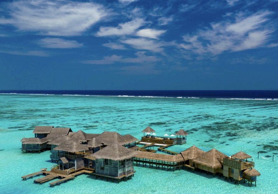 Aerial view of the luxury water villa accommodation in the Maldives