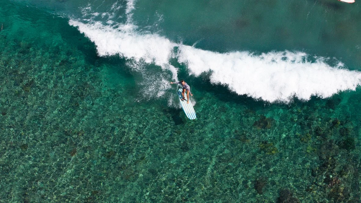 Aerial view of a beginner surfer on a crystal clear wave in the tropics