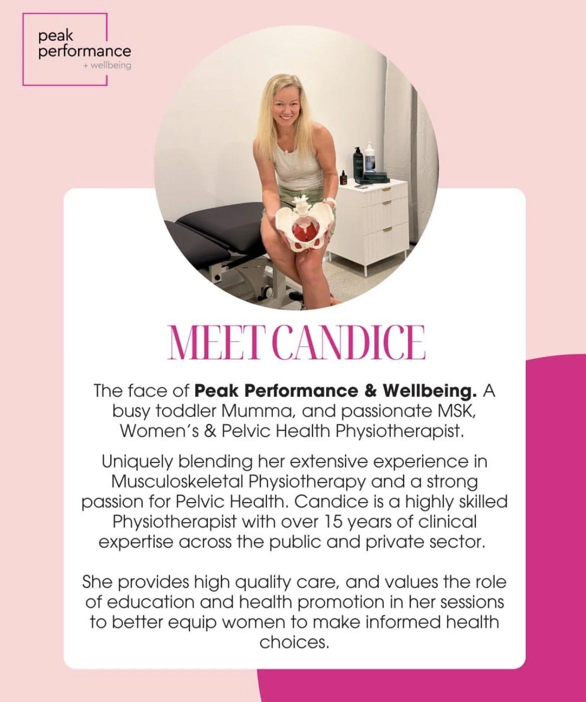 A woman sitting on an examination table in a medical office, holding a pelvic model. The image is part of a promotional flyer for Peak Performance & Wellbeing, introducing Candice as a pelvic health physiotherapist.
