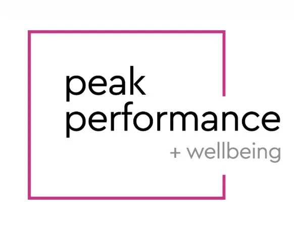 Logo with the words 'peak performance + wellbeing' inside a pink square border.