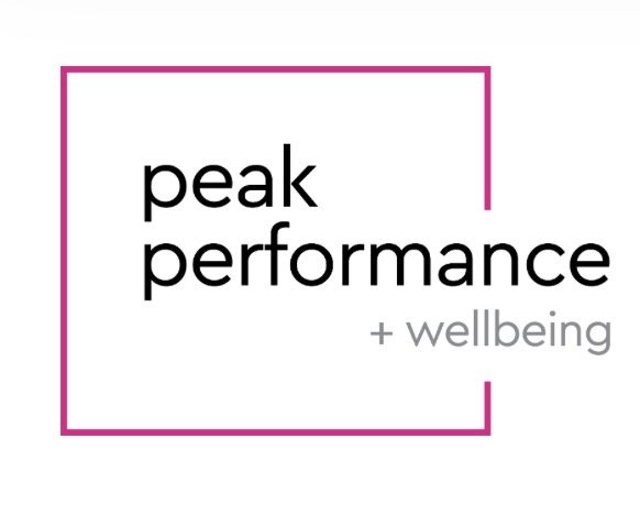 Logo with the words 'peak performance + wellbeing' inside a pink square outline.
