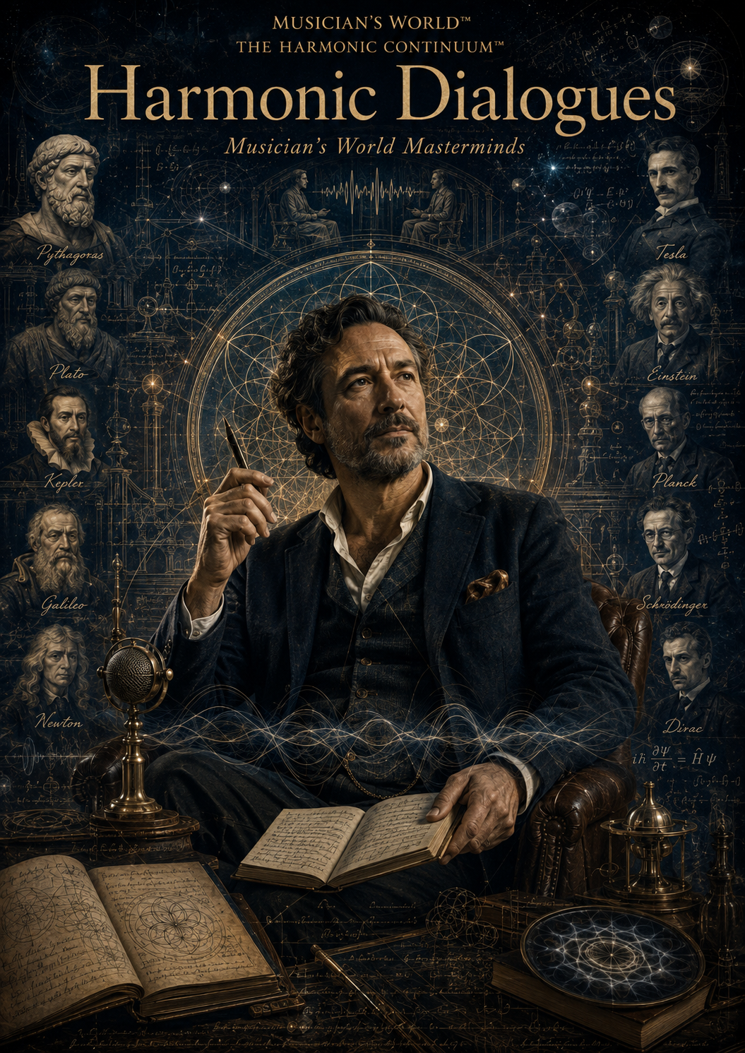 A man with wavy dark hair and a beard sitting in a leather armchair, holding a pen, surrounded by scientific and musical illustrations, with portraits of famous scientists and composers like Pythagoras, Plato, Kepler, Galileo, Newton, Tesla, Einstein, Planck, Schrödinger, and Dirac in the background.