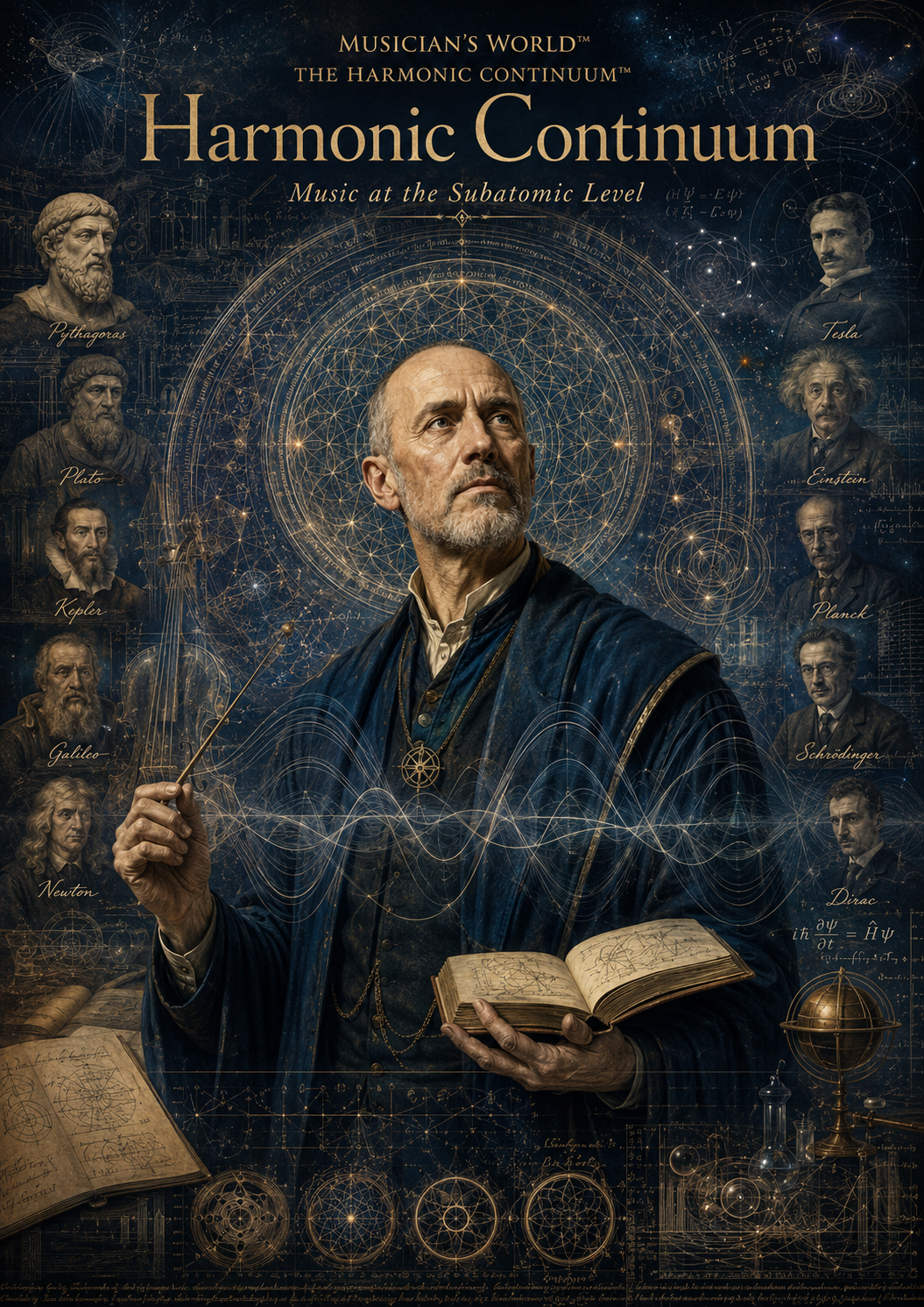 A man dressed as a scientist or wizard holding a book and a pointer, surrounded by portraits of famous scientists and mathematicians. The background features scientific diagrams, equations, and celestial motifs, emphasizing science, mathematics, and the harmonic continuum.