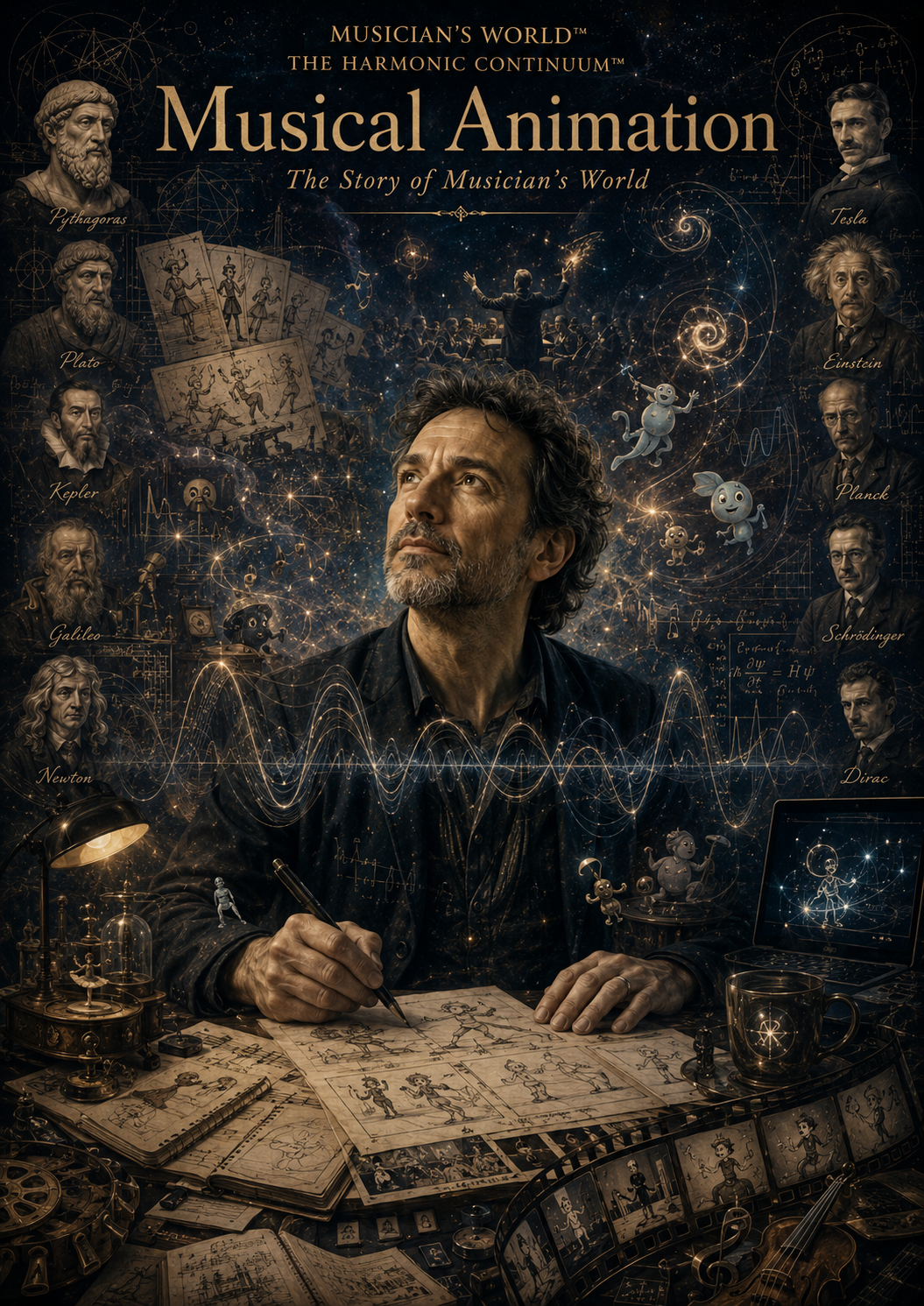 A man sitting at a cluttered desk drawing sketches of dancing figures, surrounded by scientific and musical symbols, with portraits of famous scientists and thinkers like Pythagoras, Tesla, Plato, Einstein, and others in the background.