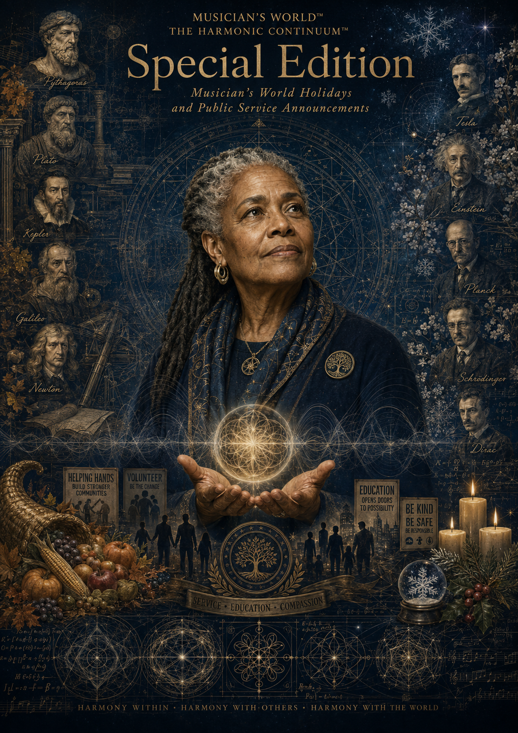 A woman with gray dreadlocks and earrings holds a glowing geometric sphere in her hands, surrounded by images of famous scientists and inventors, holiday decorations, and inspirational signs.