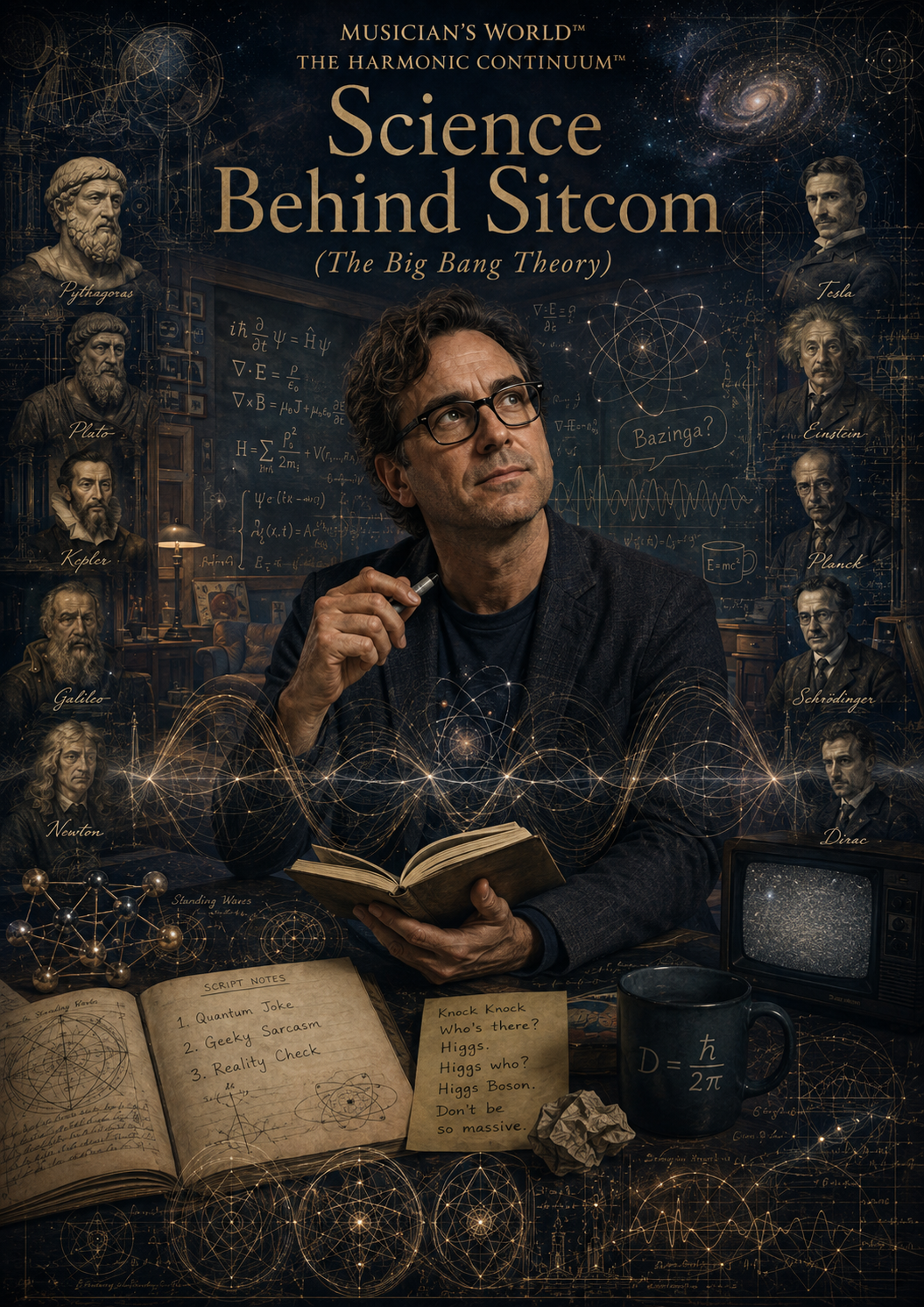A man with glasses sitting at a cluttered desk with a book, a mug, and crumpled paper, surrounded by scientific formulas, atomic diagrams, and portraits of famous scientists like Pythagoras, Tesla, Einstein, and Newton, under a starry universe background.