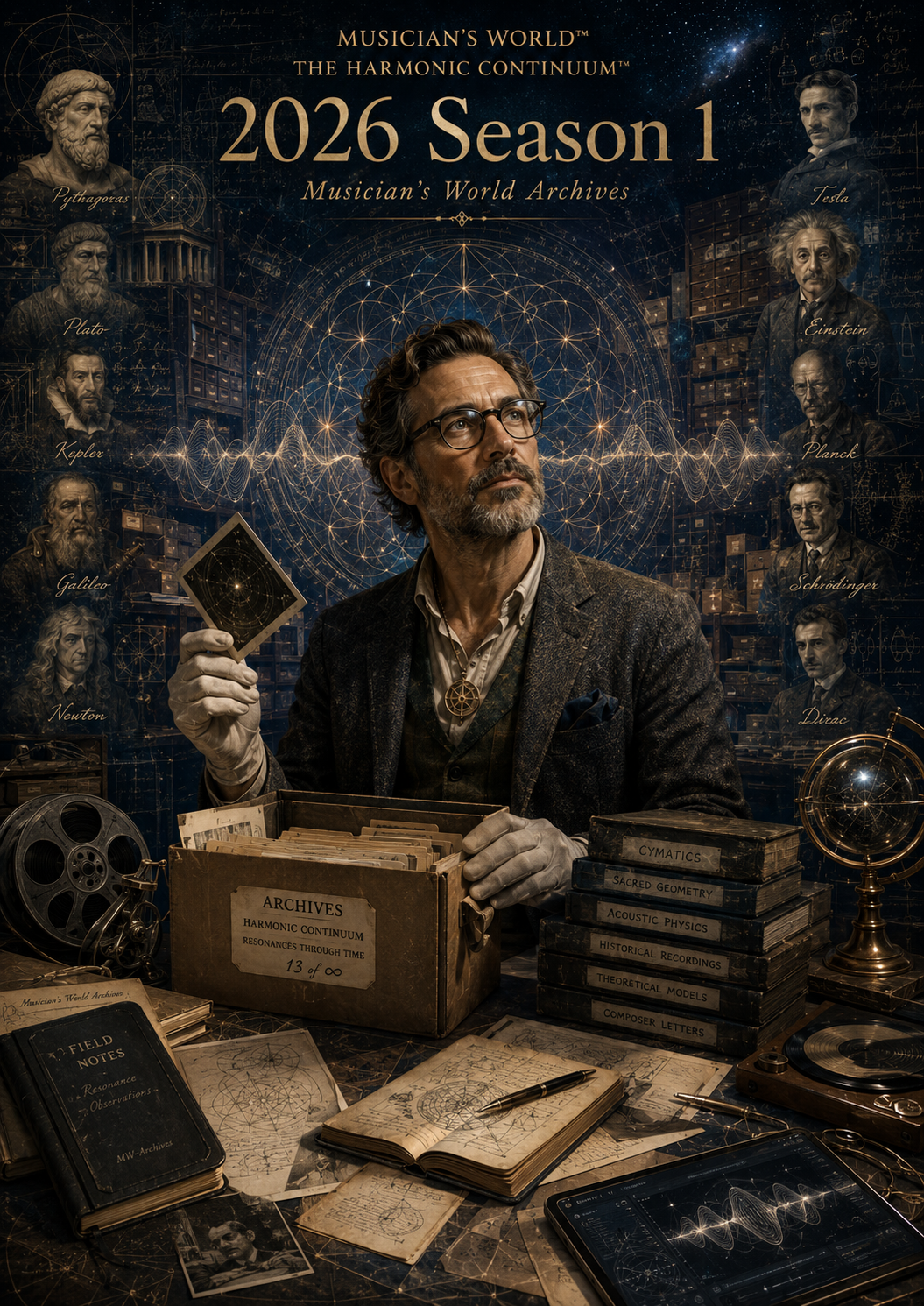 A man with glasses and a beard sits at a cluttered desk filled with old books, papers, and scientific equipment, holding a photograph of a geometric pattern. Behind him is a background with portraits of famous scientists and philosophers, a starry cosmic scene, and diagrams. The text reads "Musician's World™ The Harmonic Continuum™ 2026 Season 1 Musician's World Archives."
