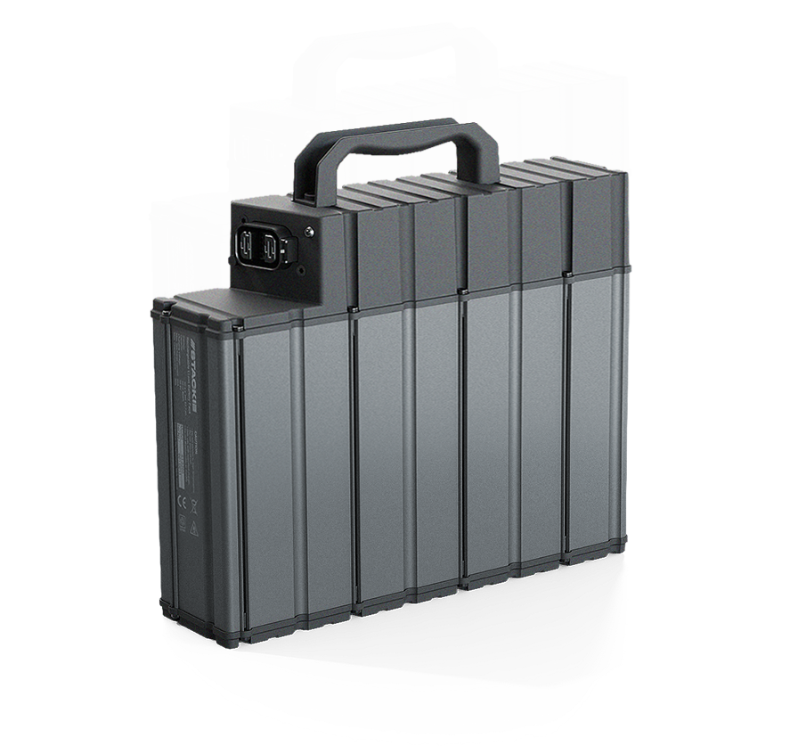 A stack of six large, gray, rectangular lithium-ion battery packs with handles on top and power connection ports on the side, likely used for industrial or electric vehicle applications.