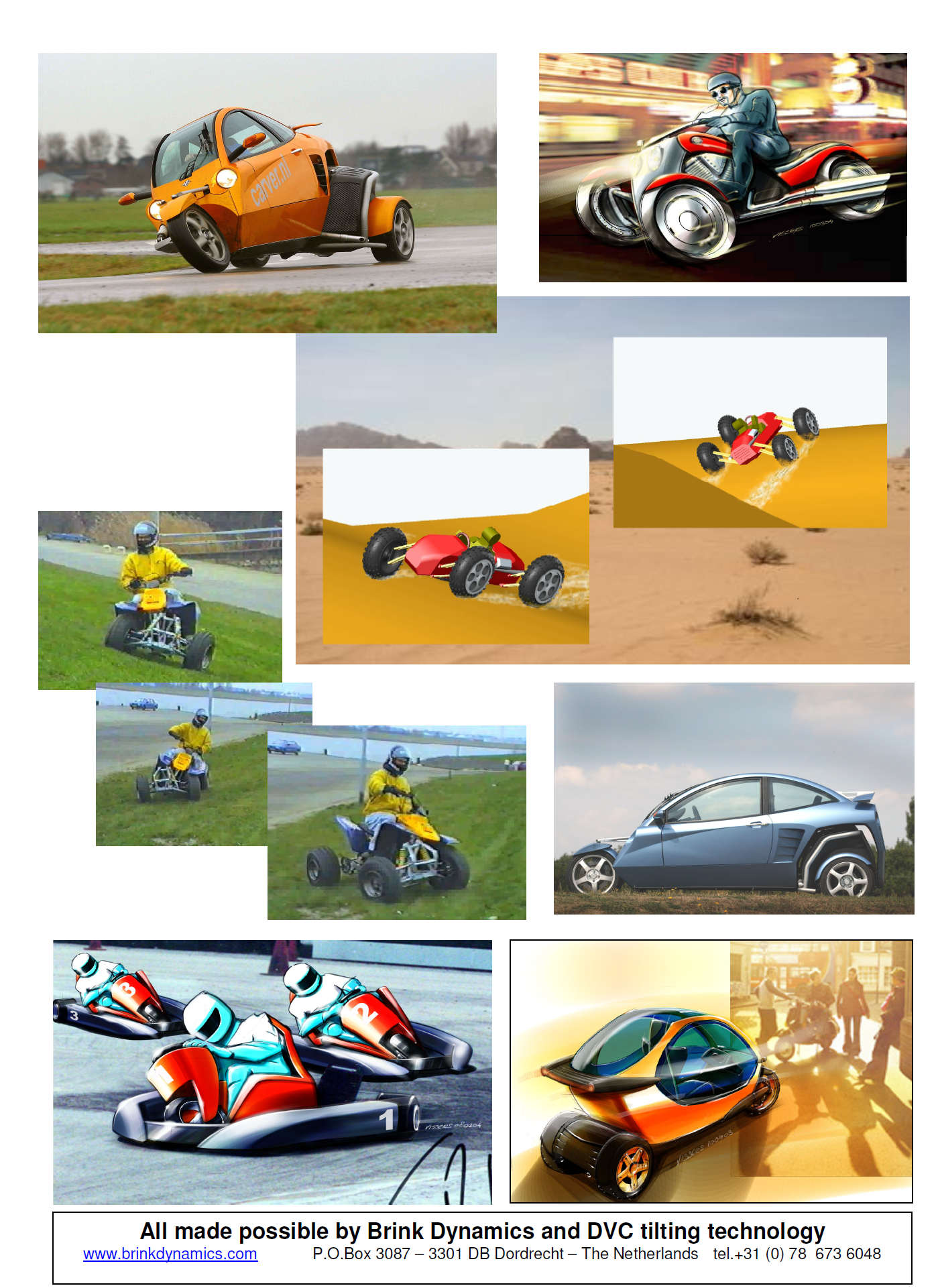 Collage of various vehicles including an orange three-wheeled car, a cartoon-style motorcycle, a remote-controlled off-road car, quad bikes, a blue compact car, racing go-karts, and a futuristic one-seat concept car.
