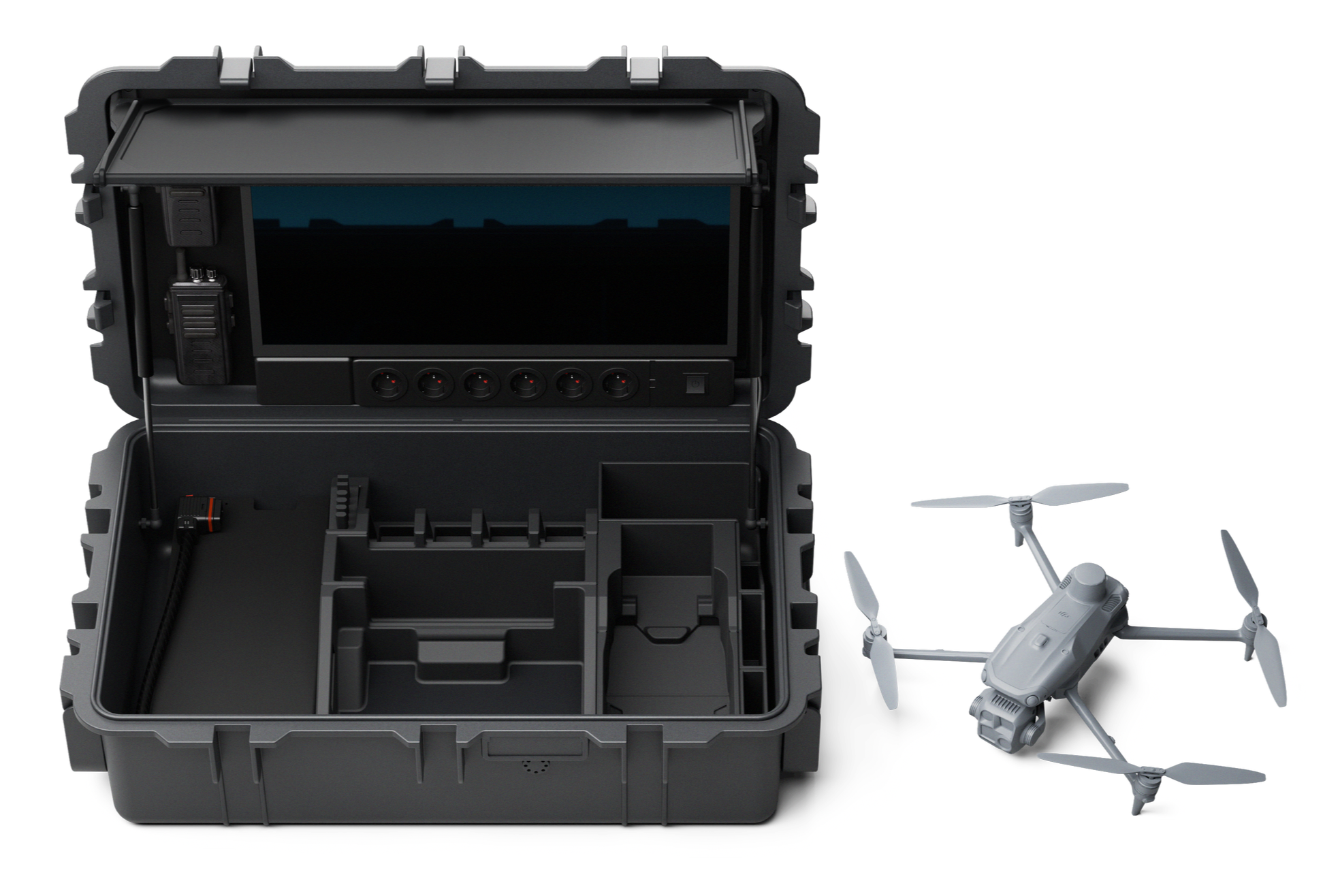 A drone inside a hard carrying case with compartments, and the drone outside the case with its propellers extended.