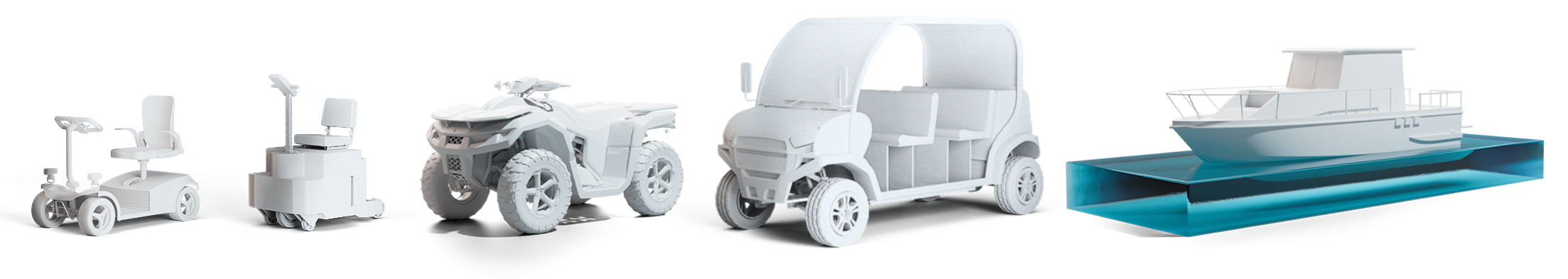 A lineup of five white 3D-modeled vehicles on a black background, including a mobility scooter, a small robotic vehicle, an all-terrain vehicle (ATV), a golf cart, and a motorboat on blue water.