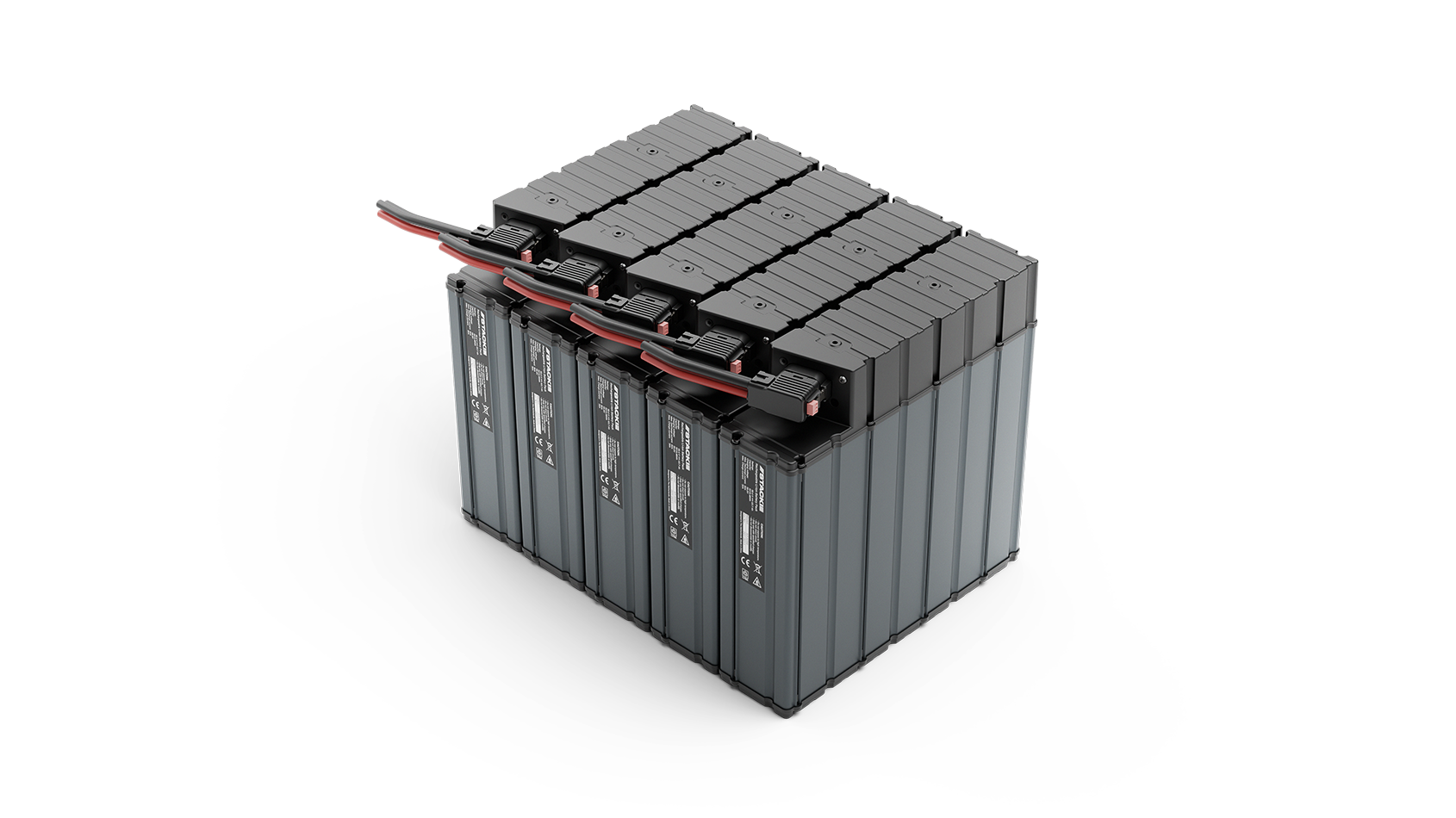 A stack of gray battery packs arranged horizontally, connected with red and black cables.