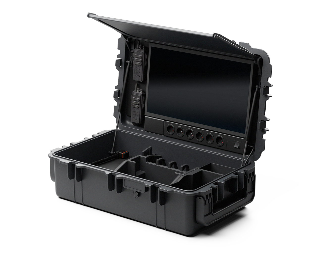 Rugged portable case with a large screen and multiple connectors inside.