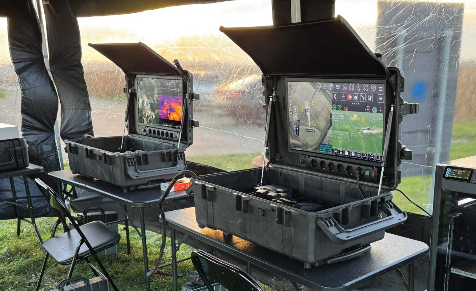 Two portable drone control stations on outdoor tables with open display screens showing maps and thermal images, set up in a tented area with grass outside.