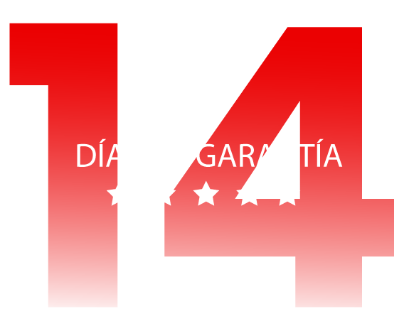 Número 14 en rojo con texto blanco que dice "Días de Garantía" y cinco estrellas blancas debajo.