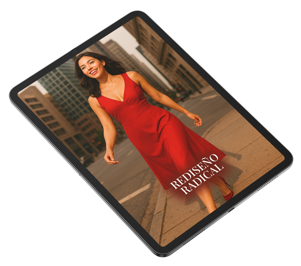 Mujer sonriente con vestido rojo caminando en la calle, con edificios de ciudad de fondo, en una tablet con la leyenda "Rediseño Radical".