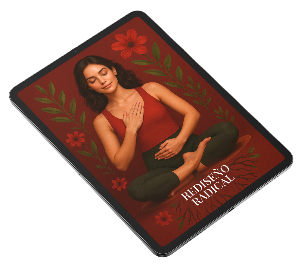 Mujer meditando en posición de loto con fondo rojo, flores y hojas verdes, texto que dice 'Rediseño Radical'.