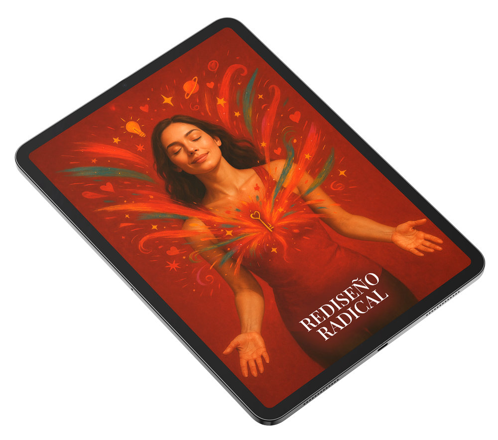 Portada de un libro titulado 'Rediseño Radical', con una mujer en una pose relajada, rodeada de ilustraciones coloridas y elementos de fantasía en un fondo rojo.