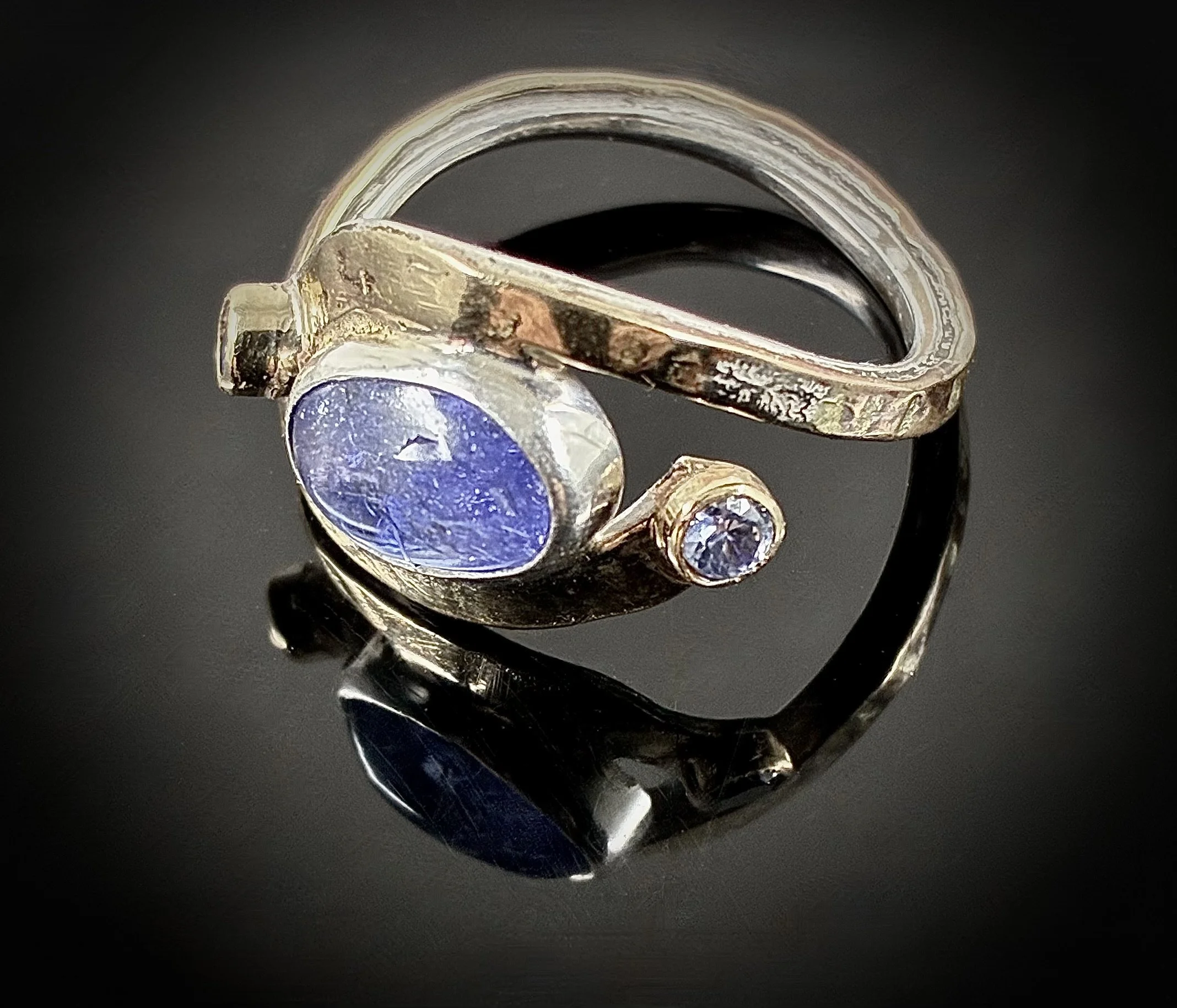 (78) Sterling Silver and 9ct Gold and Tanzanite and Diamonds Ring