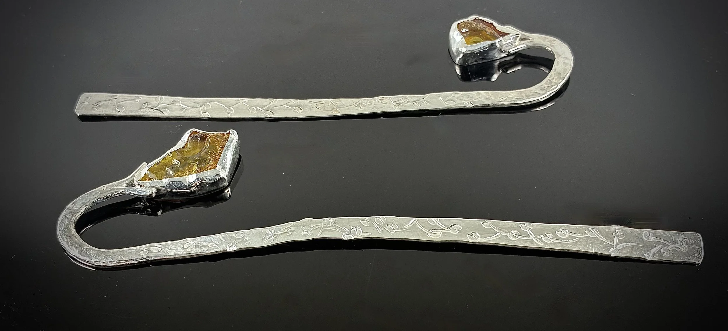 (39)  Sterling Silver and Raw Amber Book Marks