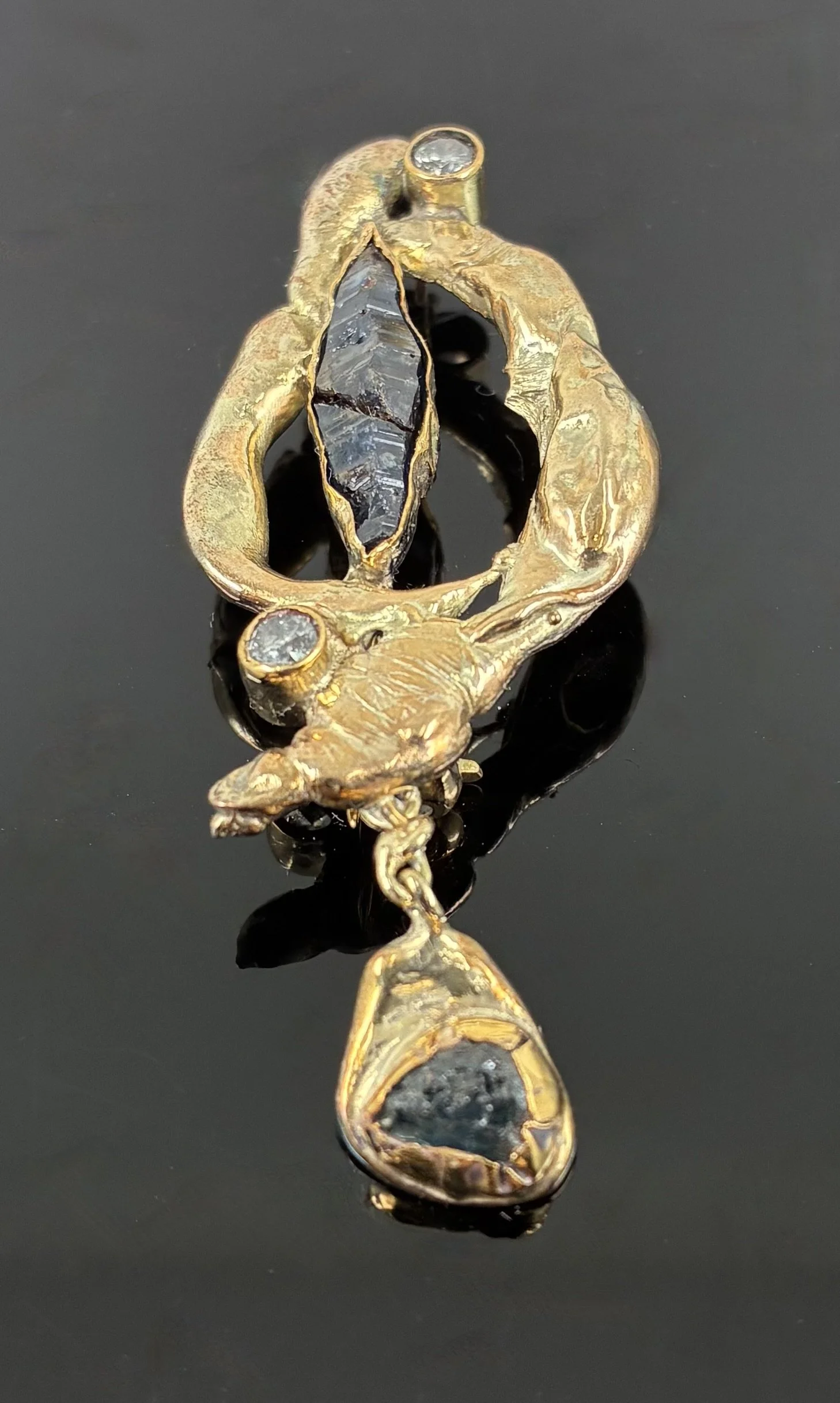 (3) 9ct Gold and Raw Sapphire and Diamond  Brooch