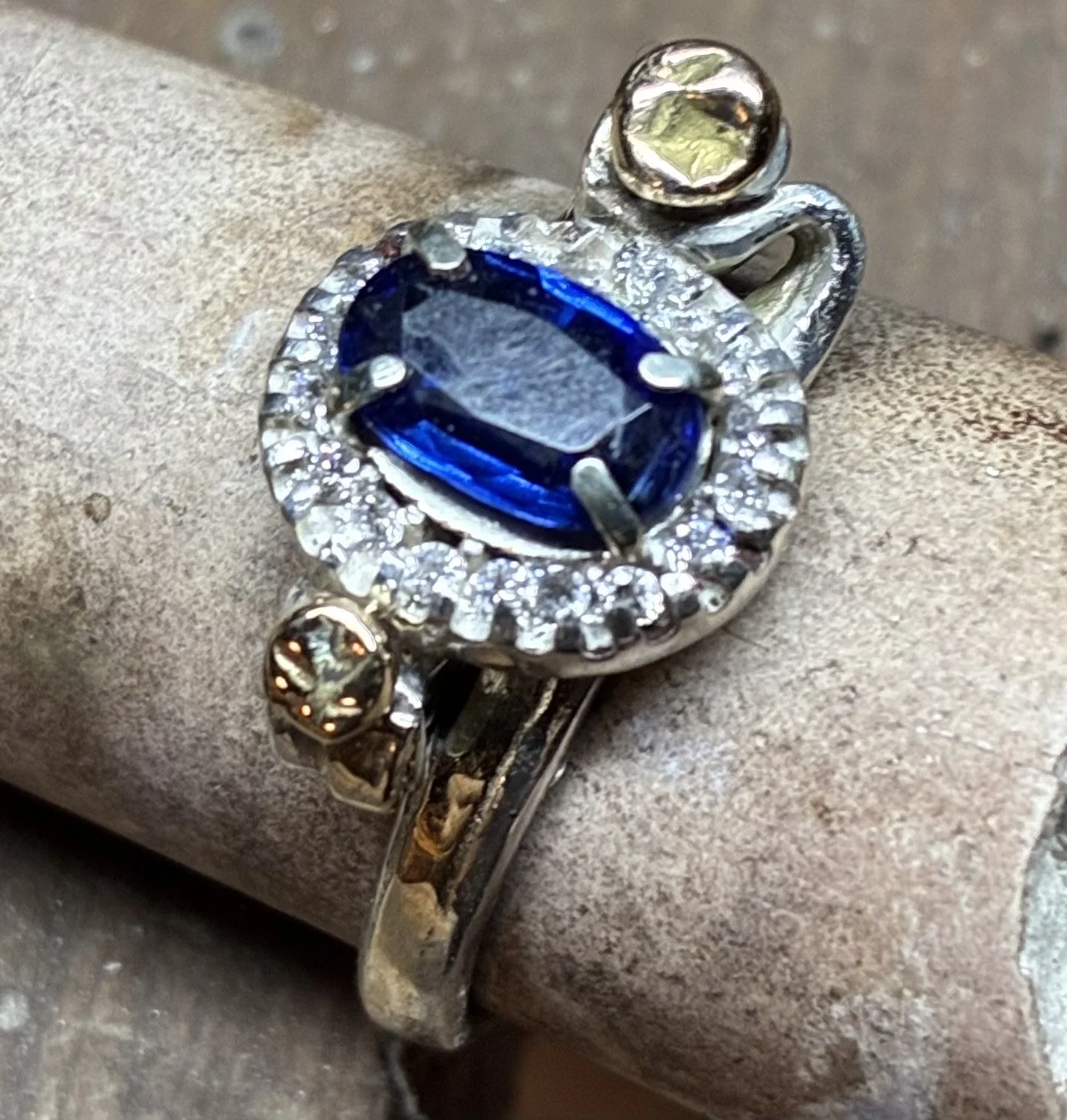(69) Sterling Silver and 9ct Gold and Kyanite and Diamonds Ring